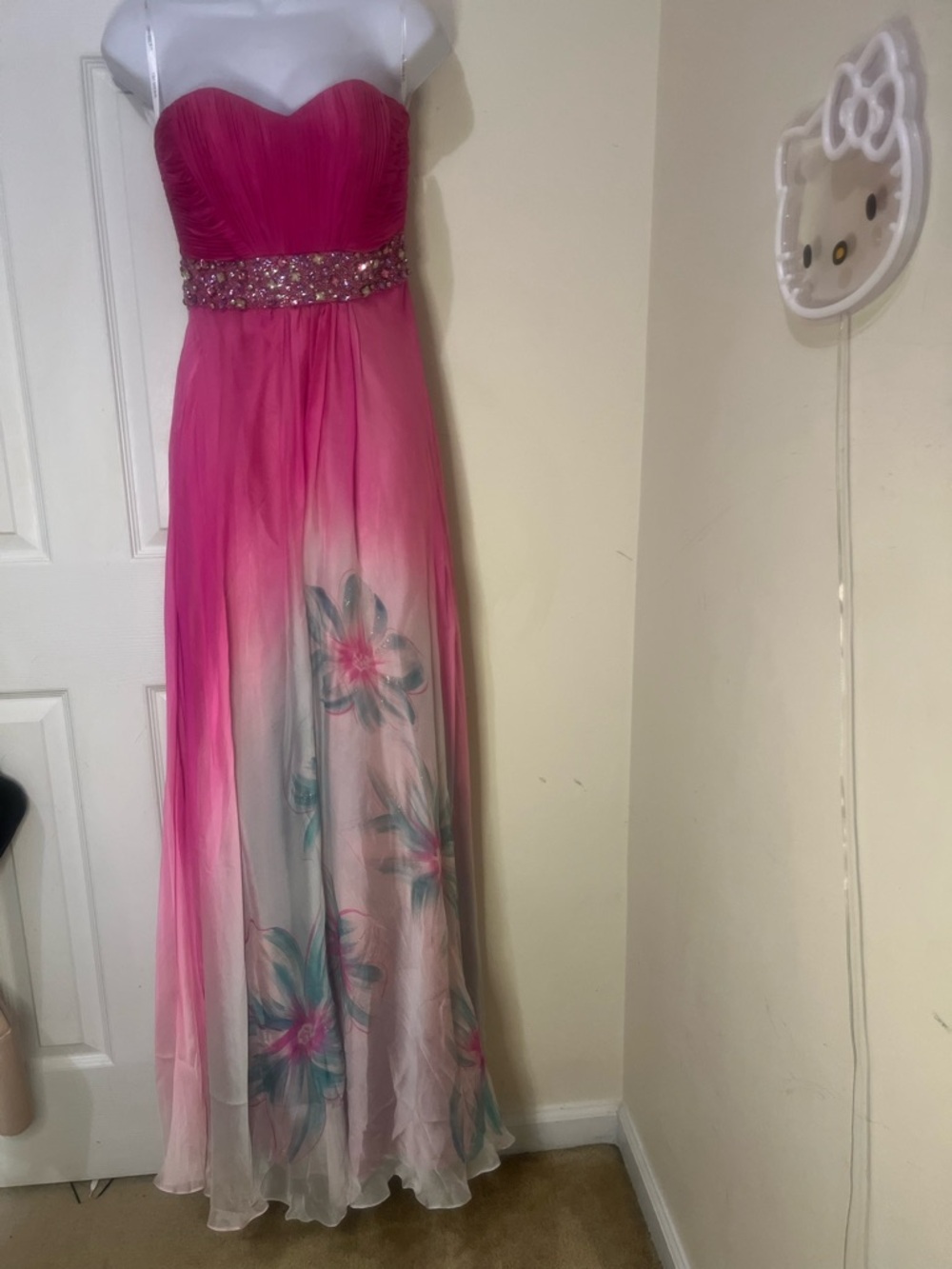 Strapless Ombre Pink Floral Beaded Waist Gown